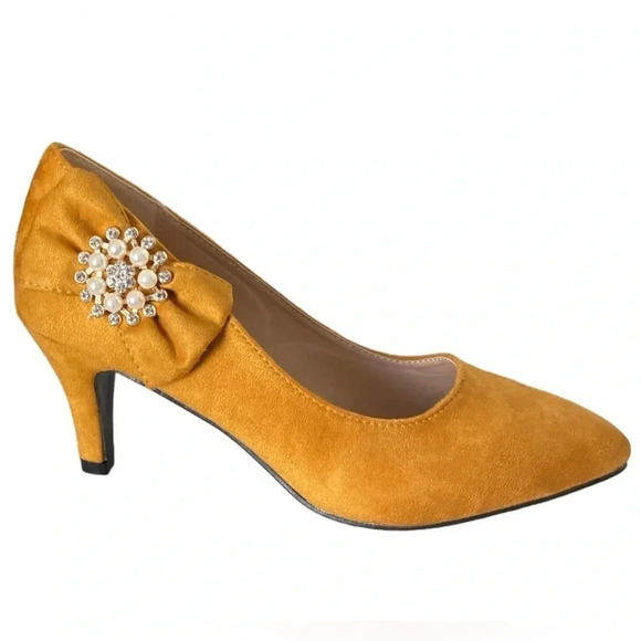 ANGEL STEPS | Mustard Yellow Suede Crystal Embellished Pointed Toe Pumps - Picture 2 of 8